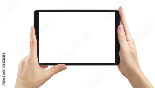 Hands holding black tablet computer cut out