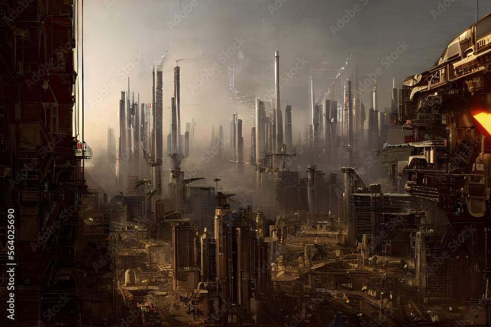 dystopian concept art of a futuristic city landscape in a cyberpunk themed sci fiction universe, Generative AI dystopian concept art of a futuristic city landscape in a cyberpunk themed sci fiction universe, Generative AI