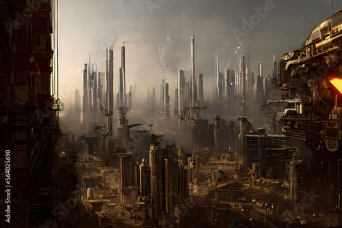 dystopian concept art of a futuristic city landscape in a cyberpunk themed sci fiction universe, Generative AI