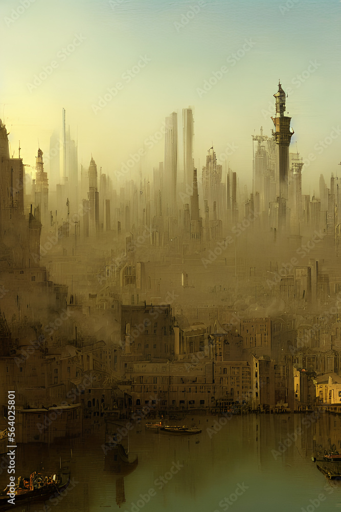 dystopian concept art of a futuristic city landscape in a in baroque painting style, Generative AI