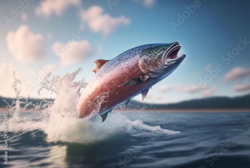 Red salmon jumps out of water, spawning fish. Generative AI
