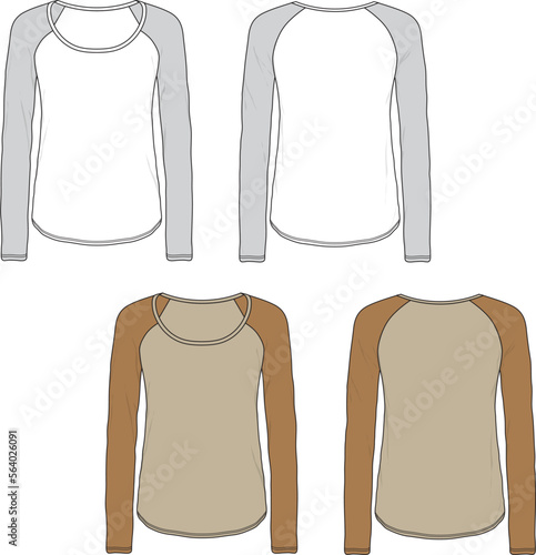 Women raglan blank t-shirt tee fashion flat sketch template technical illustration