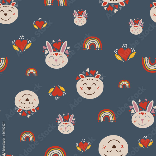 Joyful Animals with hearts  rainbows and plants. Vivid colors. Childrens illustration. Vector repeat pattern