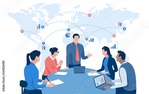 Global trade, global investment. The team discusses around the table in front of the world map. Business vector illustration. 