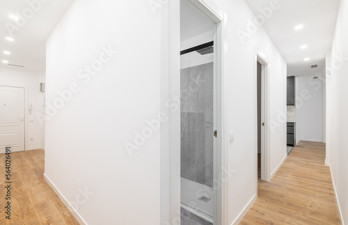 Entrance white door to apartment. Corridor on both sides with light wood parquet flooring. Apartment is well lit with lamps from ceiling © Pavel