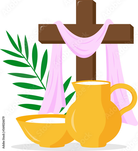 Christian greeting card or banner of the Holy Week before Easter. Holy Week banner with communion, palm branches, cross of Jesus Christ, the bason and ewer with water. Vector illustration photo