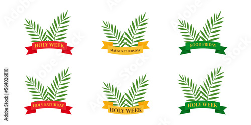Christian banner Holy Week with a collection of icons about palm branches and ribbons. The concept of Easter and Palm Sunday. flat vector illustration. Vector illustration