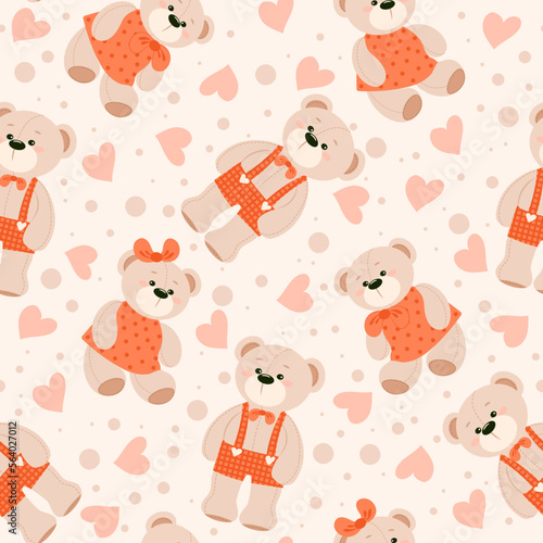 Seamless pattern of cute teddy bears and colorful hearts on a light background. Vector