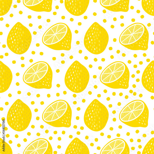 Lemon Fruit seamless pattern with dots. Half Citrus on White Background. Seamless Pattern