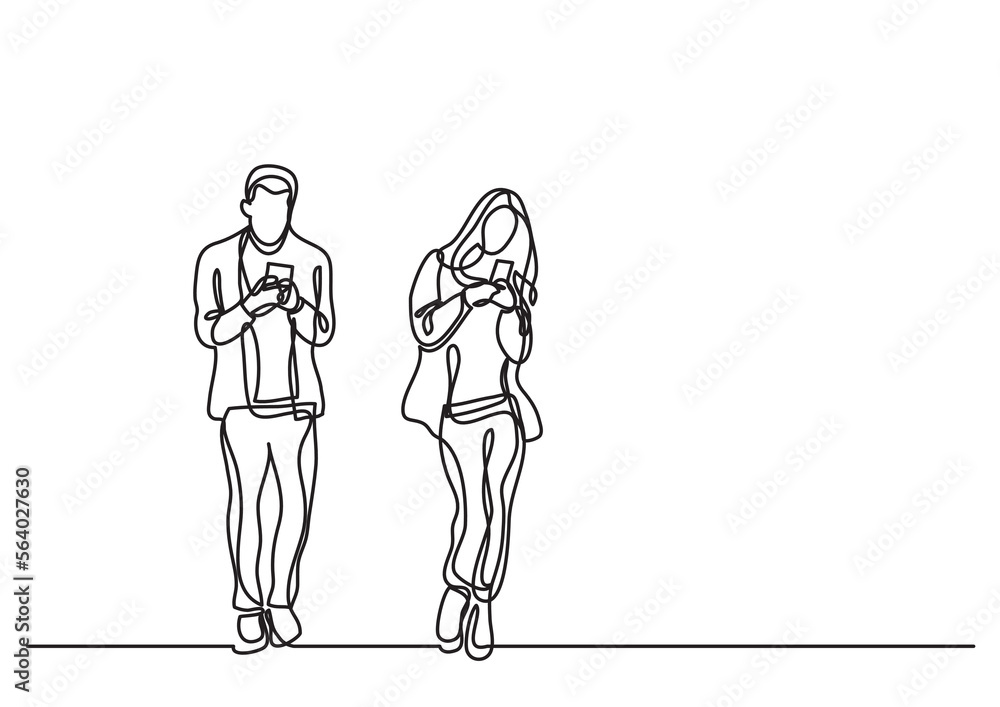 Fototapeta premium continuous line drawing vector illustration with FULLY EDITABLE STROKE of man and woman standing reading smart phones