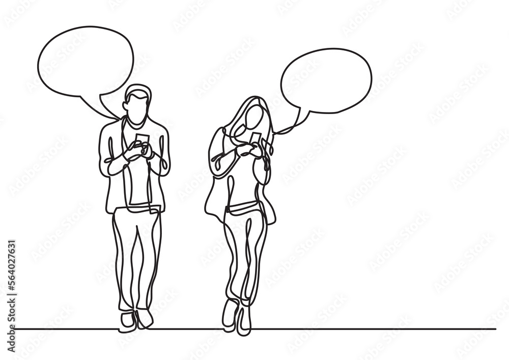 continuous line drawing vector illustration with FULLY EDITABLE STROKE of man and woman standing with smart phones continuous line drawing vector illustration with FULLY EDITABLE STROKE of man and woman standing with smart phones