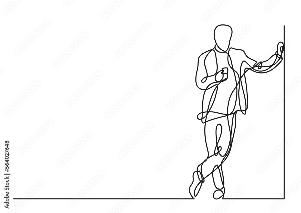 continuous line drawing vector illustration with FULLY EDITABLE STROKE of man standing in corner with cell phone