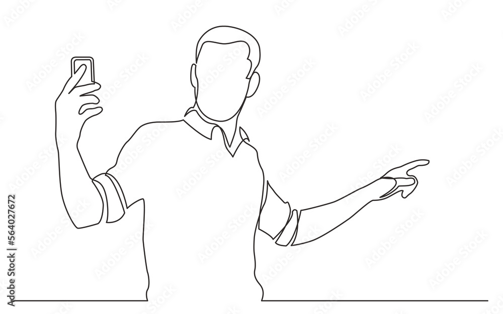 continuous line drawing vector illustration with FULLY EDITABLE STROKE of standing man shooting video on his mobile phone continuous line drawing vector illustration with FULLY EDITABLE STROKE of standing man shooting video on his mobile phone