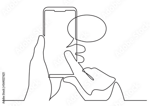 continuous line drawing vector illustration with FULLY EDITABLE STROKE of hands using social media mobile app on smart phone