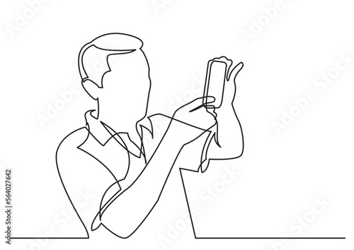 continuous line drawing vector illustration with FULLY EDITABLE STROKE of man making photo with smartphone