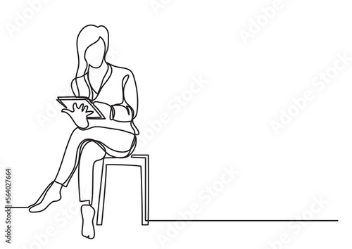 continuous line drawing vector illustration with FULLY EDITABLE STROKE of sitting woman reading magazine