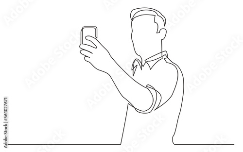 continuous line drawing vector illustration with FULLY EDITABLE STROKE of standing man making selfie