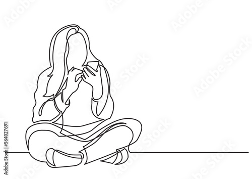 continuous line drawing vector illustration with FULLY EDITABLE STROKE of teenage girl sitting with mobile phone