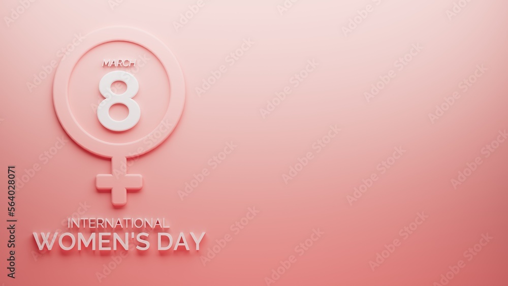 3d representation of international women's day message located on the left in pink and red color