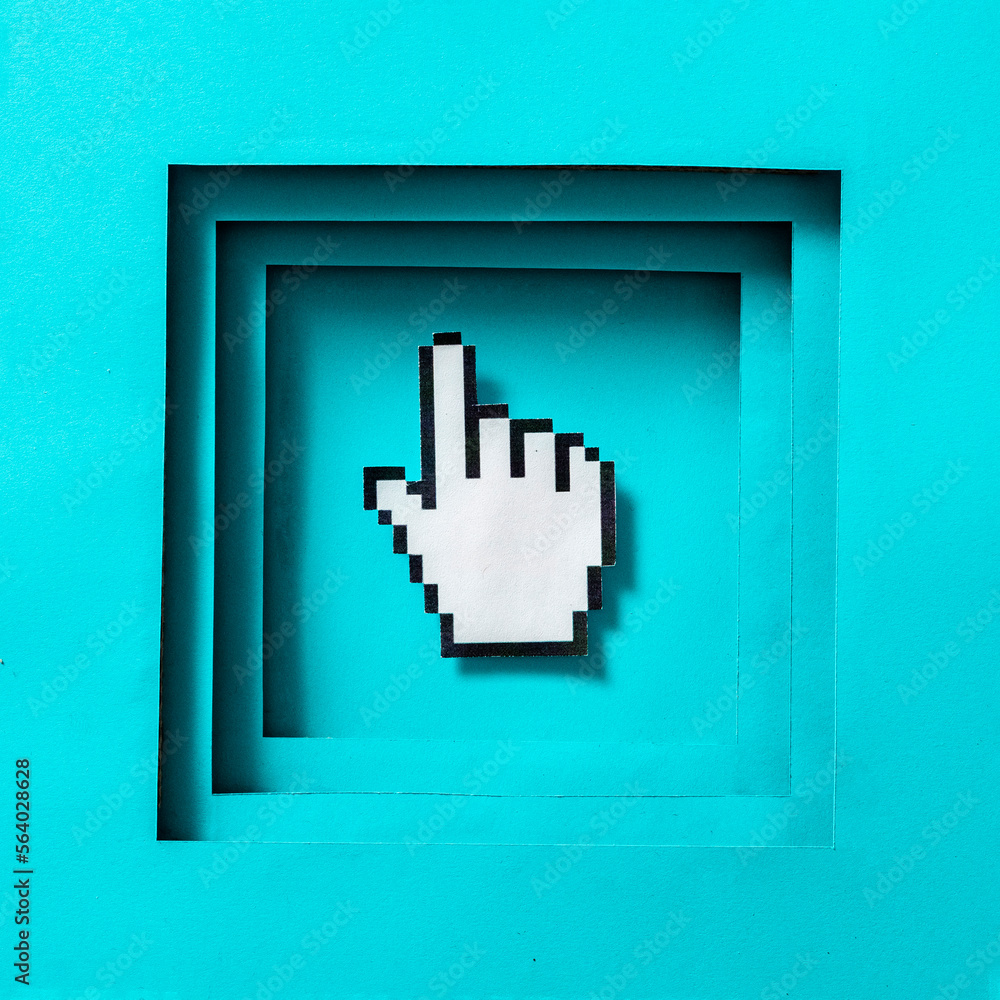 Cursor pixel mouse finger in the frame. Minimal concept symbol of