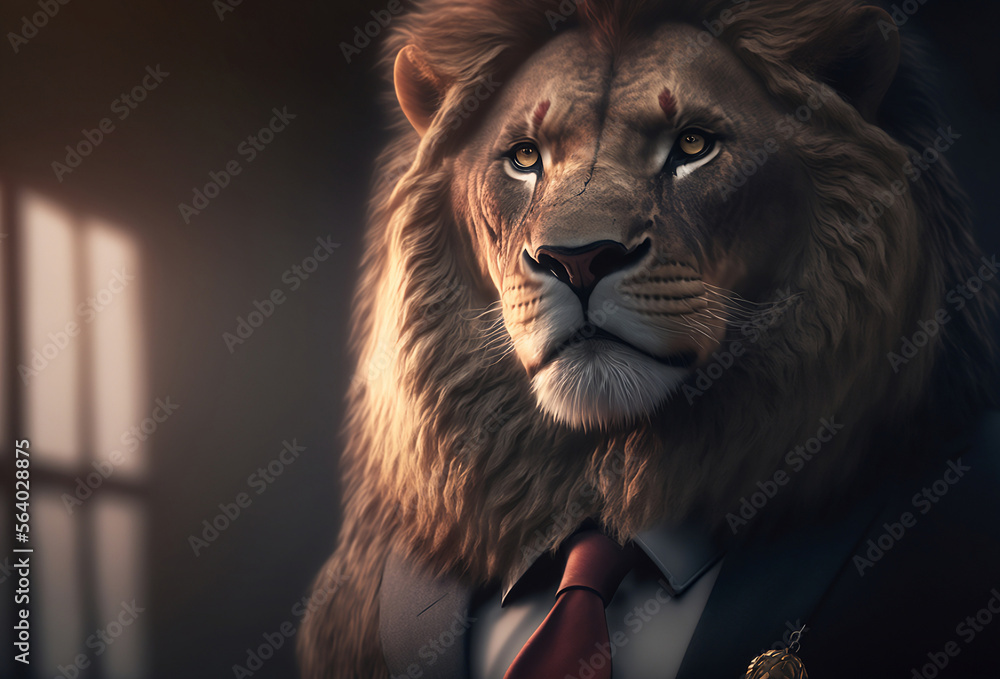 Lion Dressed in Formal Business Suit. A Cinematic Shot. AI