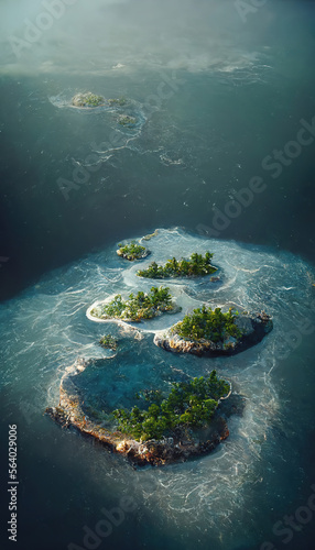 Aerial view of small exotic atoll islands in the open ocean sea. Beautiful nature landscape. Generative AI.