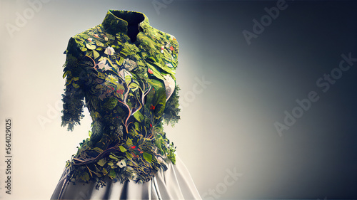 Dress made of fresh green leafs and plants, sustainable fashion concept. Generative AI © Pavel