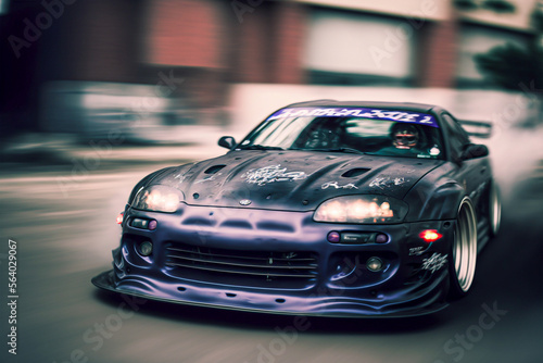Tuned Toyota Supra drifting through Los Angeles. Generative AI. 