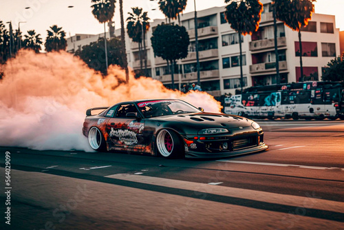 Tuned Toyota Supra drifting through Los Angeles. Generative AI. 
