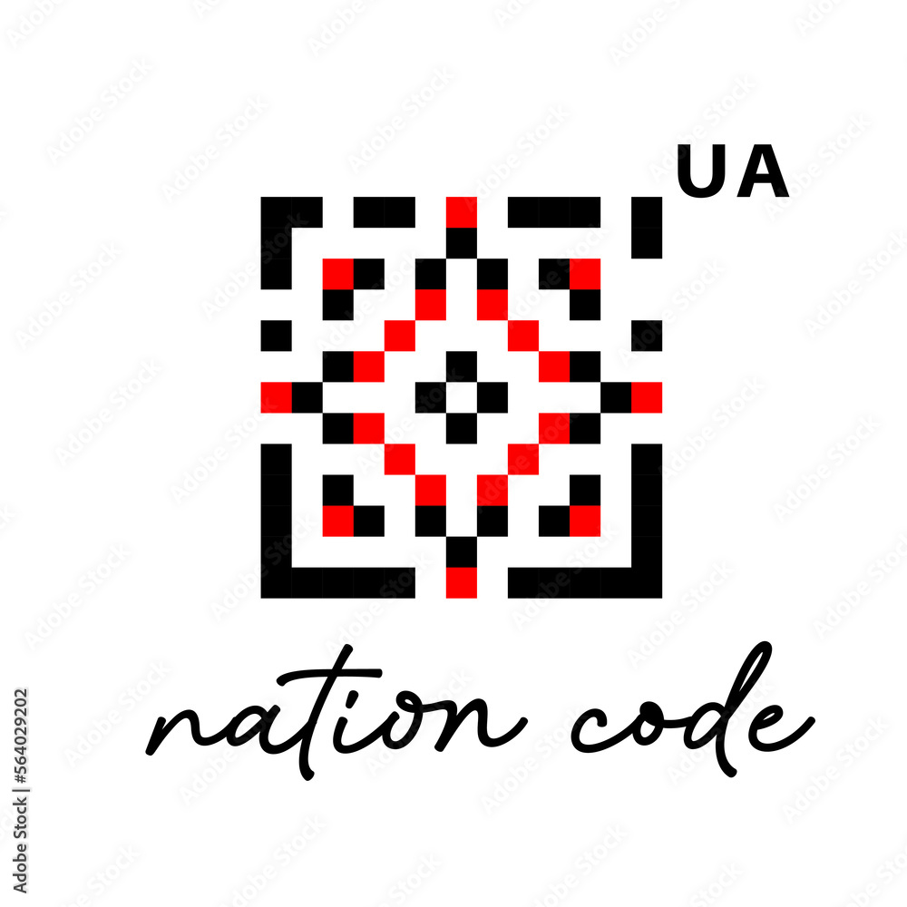 Ukrainian vector pixel art pattern. Ethnic sign, folk element, logo, qr code stilization in red and black colors. Text - nation code . Ukrainian traditional embroidery, pixel art ,vyshyvanka