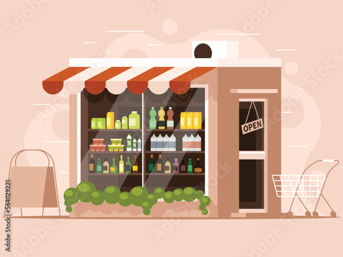 Fototapeta Naklejka Na Ścianę i Meble -  The building of a grocery store with an advertising stand and a grocery cart. Showcase with products. Vector illustration