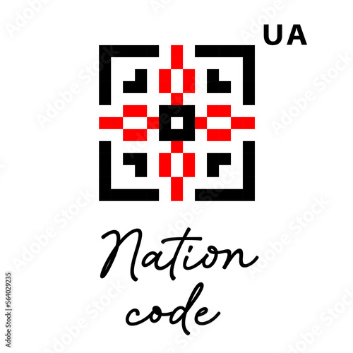 Ukrainian vector logo. Ethnic sign, folk element,qr code stilization in red and black colors. Text Nation code. Ukrainian logo sign, traditional embroidery - vyshyvanka