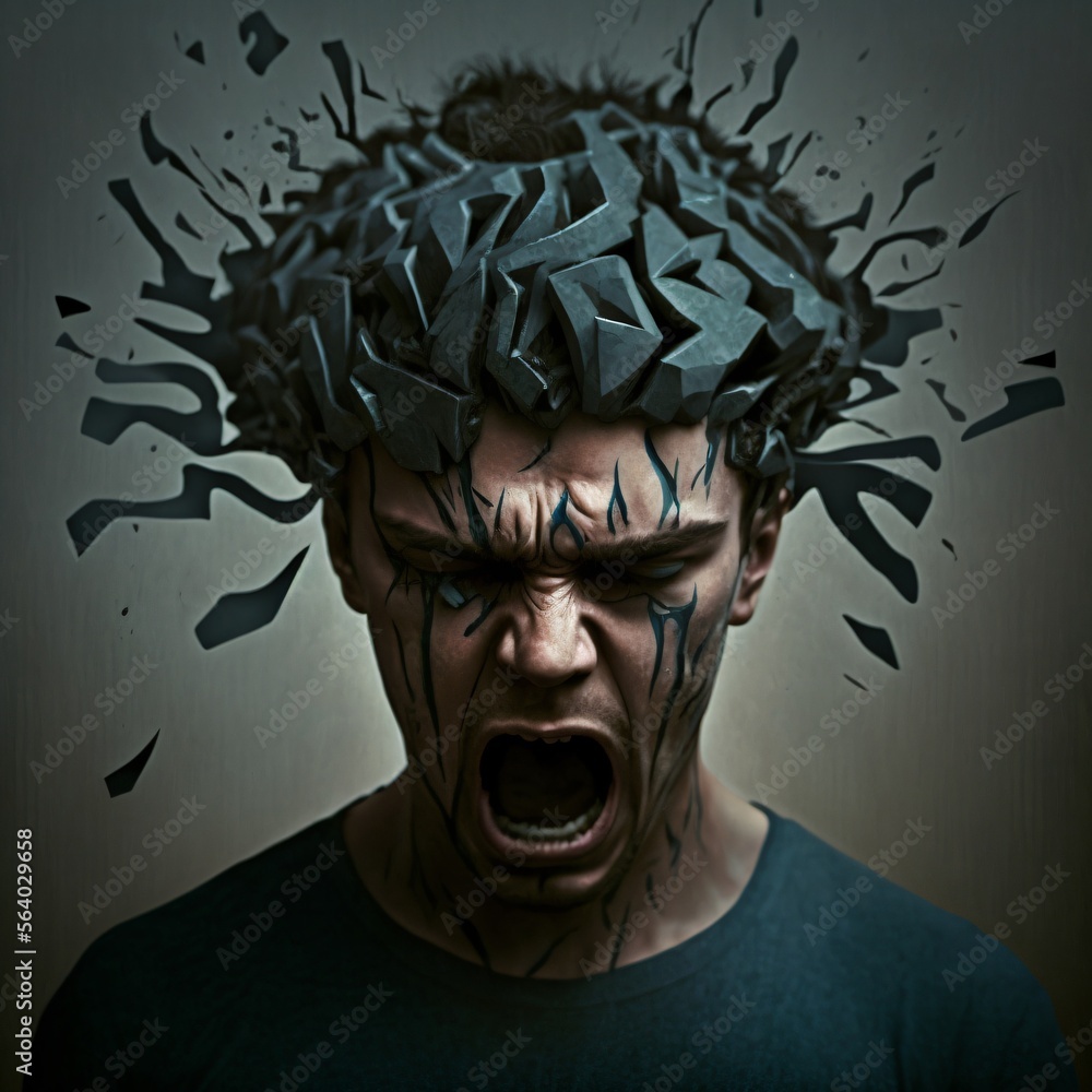 symbolic portrait of a man with an exploding head, depression, mental ...