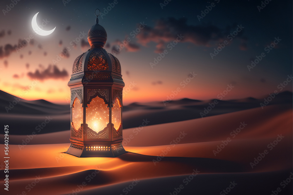 Arabic lantern in a desert. Holy month of Ramadan concept. Dusk sky