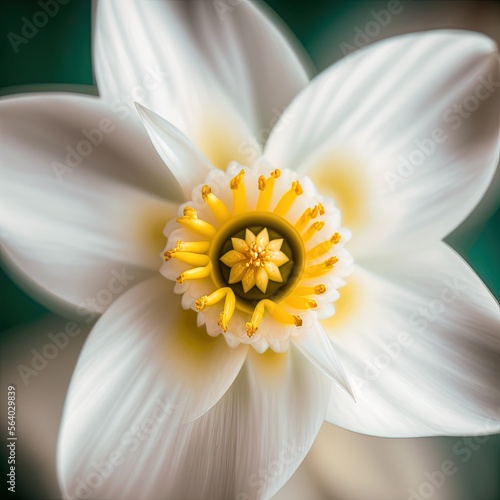  a white flower with yellow stamens and a green background is shown in this image, it is a close up view of the center of the flower and the center of the flower. Generative AI