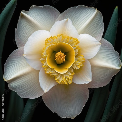 a white flower with yellow center surrounded by green leaves on a black background with a black background behind it and a yellow center in the center of the center of flower is yellow. Generative AI