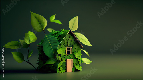 house figurine made of green leafs, white background, ecology concept, copy space. Generative AI