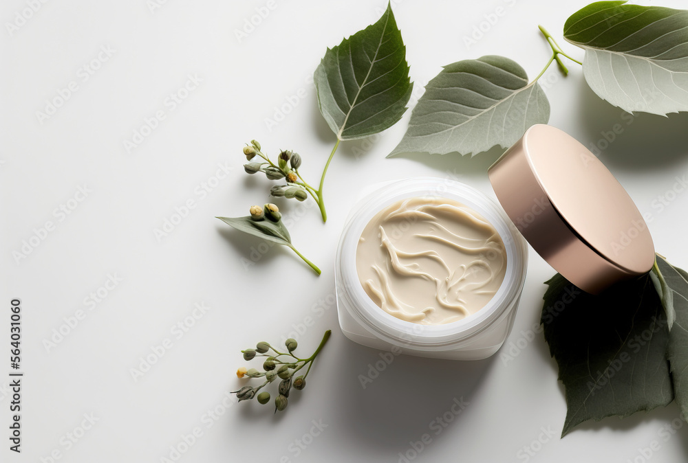 face cream on a white table next to plant branches. minimalist. clean. skin care. hand cream. generative ai. face cream on a white table next to plant branches. minimalist. clean. skin care. hand cream. generative ai.