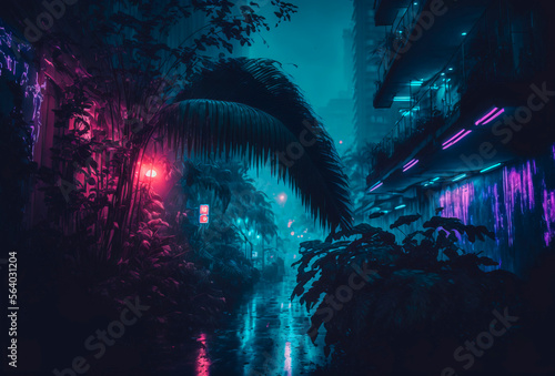Night city lights. Neon urban future. Futuristic city in a cyberpunk style. Photorealistic Generative AI illustration. Futuristic skyscrapers with neon lights. © Valeriy