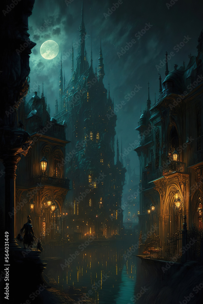 Obraz premium a painting of a city at night time, art illustration 