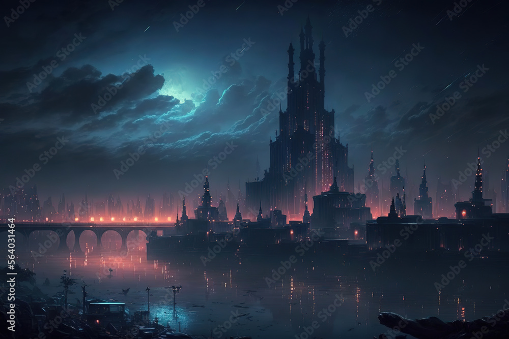 a painting of a city at night time, art illustration 