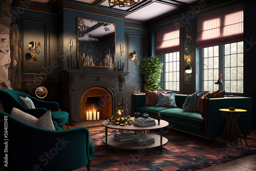 a living room filled with furniture and a fire place  art illustration 