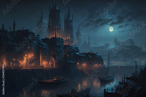 a painting of a city at night time, art illustration 