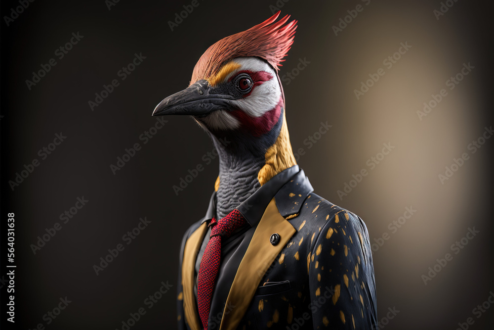 Portrait woodpecker in a business suit on an isolated background, generative ai