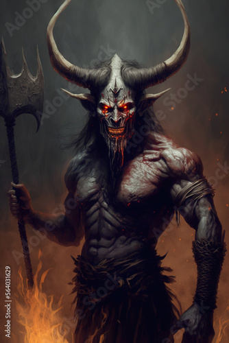 Hell Demon with horns and axe, concept art illustration 