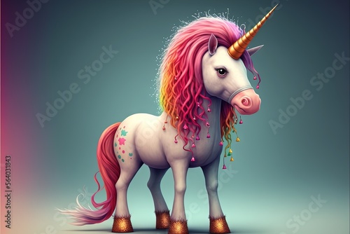  a unicorn with a pink mane and a rainbow tail and a flowered tail, standing in front of a blue background with a pink background and gold border, with a pink border,. Generative AI
