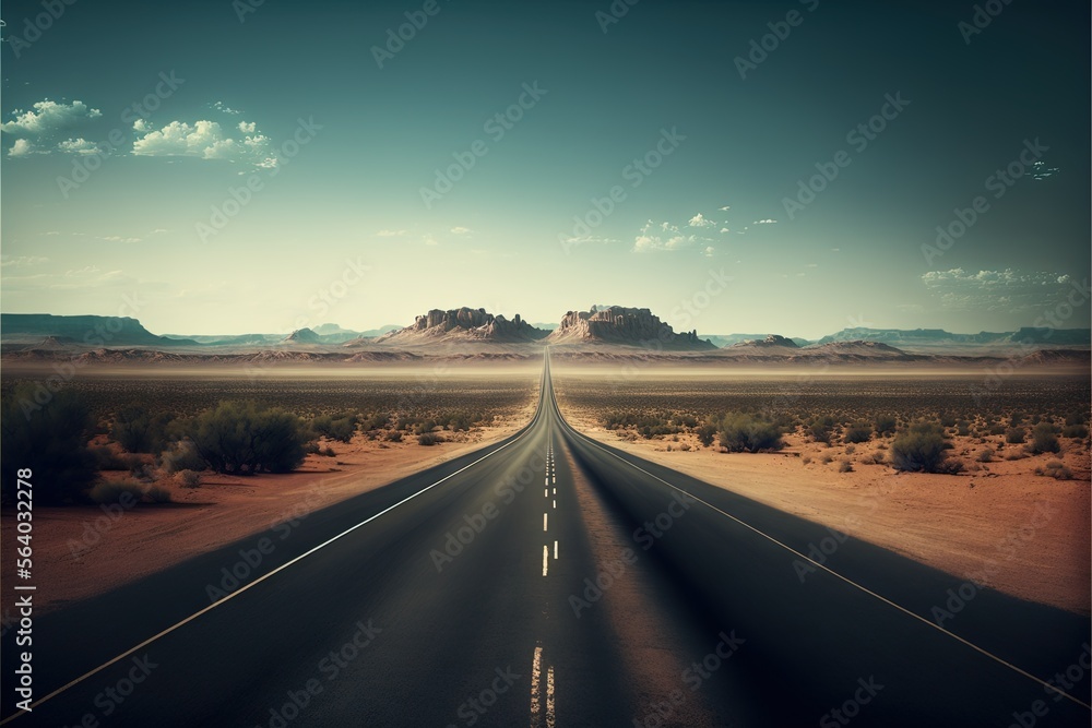  a long road with a mountain in the background and a sky background with clouds in the sky and a few cars on the road in the middle of the road, with a few cars. Generative AI
