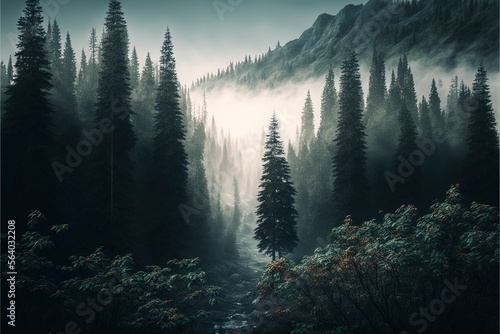  a forest with a stream running through it and fog in the air above the trees and mountains in the distance, with a foggy sky and fog in the background, with a few. Generative AI