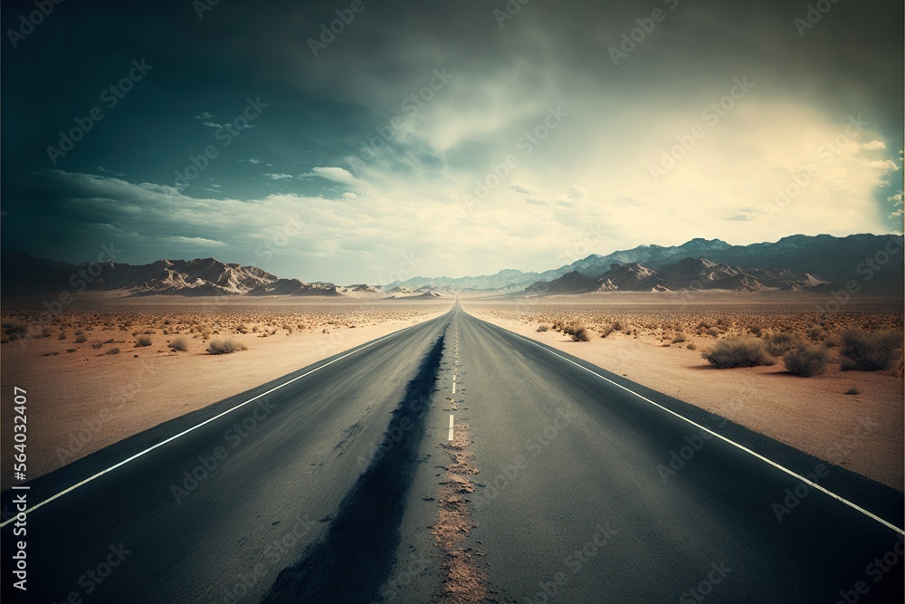 Fototapeta premium a long road stretches into the distance in the desert with mountains in the background and a cloudy sky above it, with a line of white lines running through the middle of the road,. Generative AI