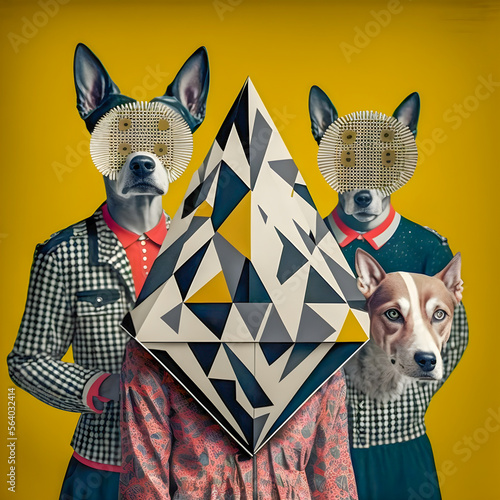 Abstract Funky Dogs music band illustration, fashionable, retro pop and coroful pattern, anthropomorphic animal Generative AI photo